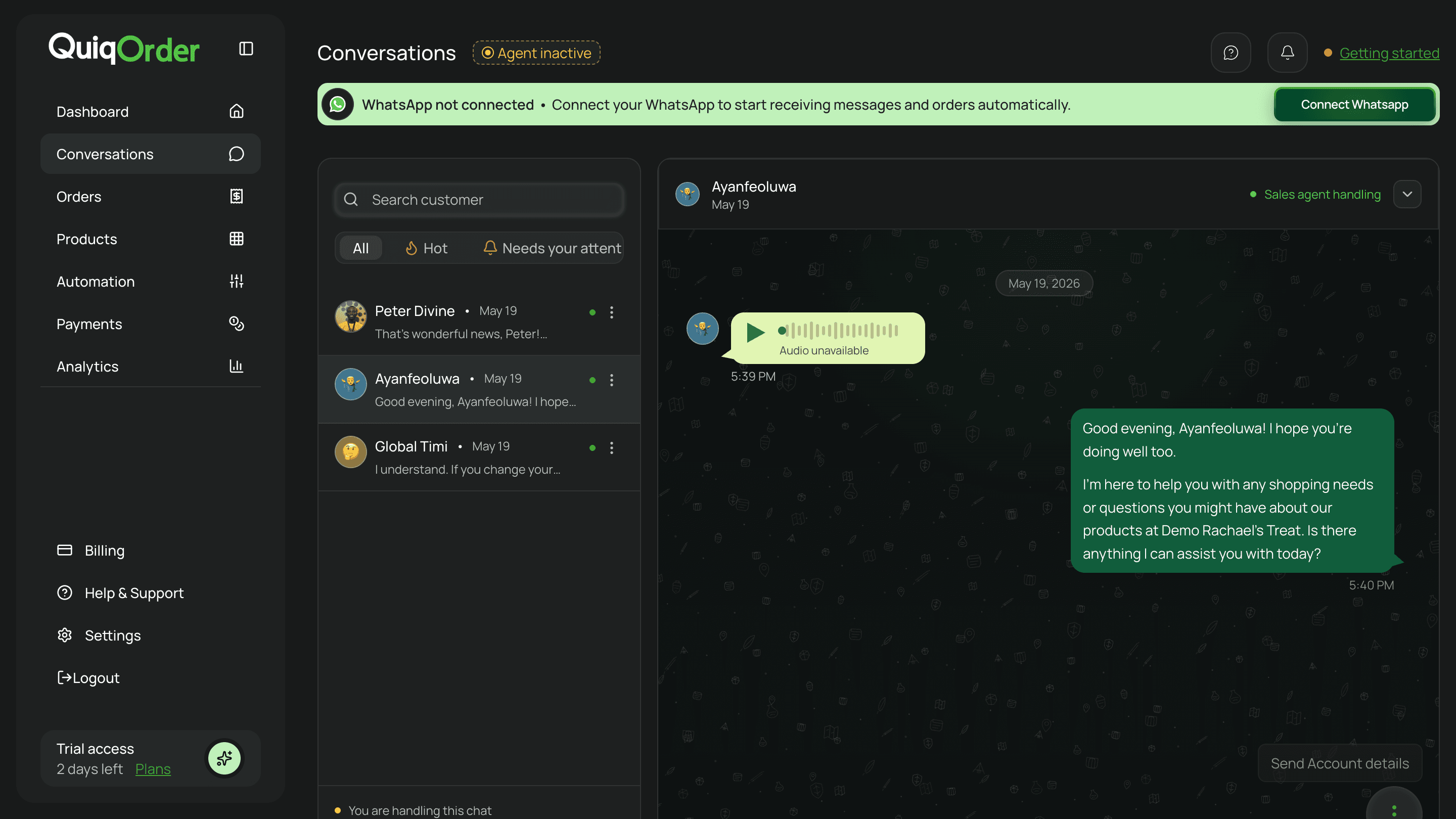 QuiqOrder conversations dashboard showing AI-assisted customer conversations.
