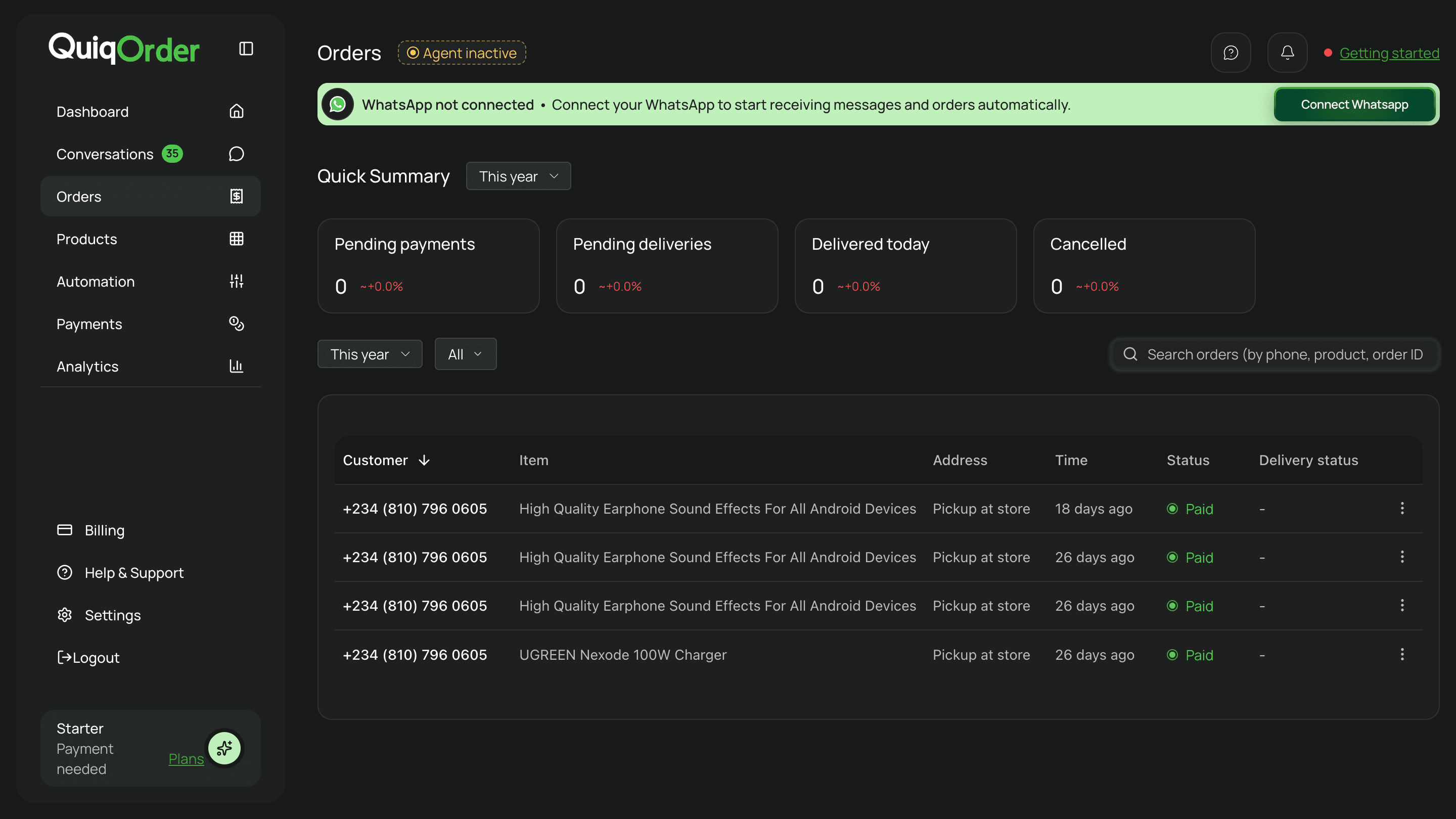QuiqOrder orders dashboard showing paid orders and delivery status.